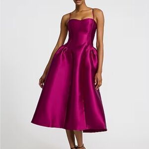 Women’s EXPRESS Fuchsia Magenta Pink Satin Midi Corset Party Dress SZ 4